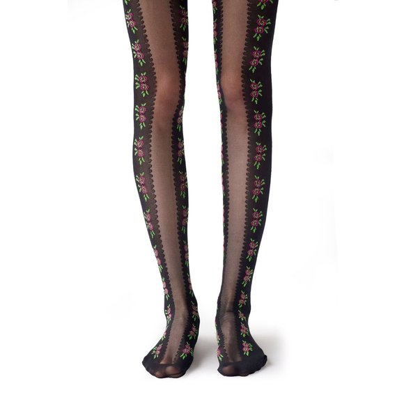 Black vintage rose pattern print floral tights - Picture 1 of 5